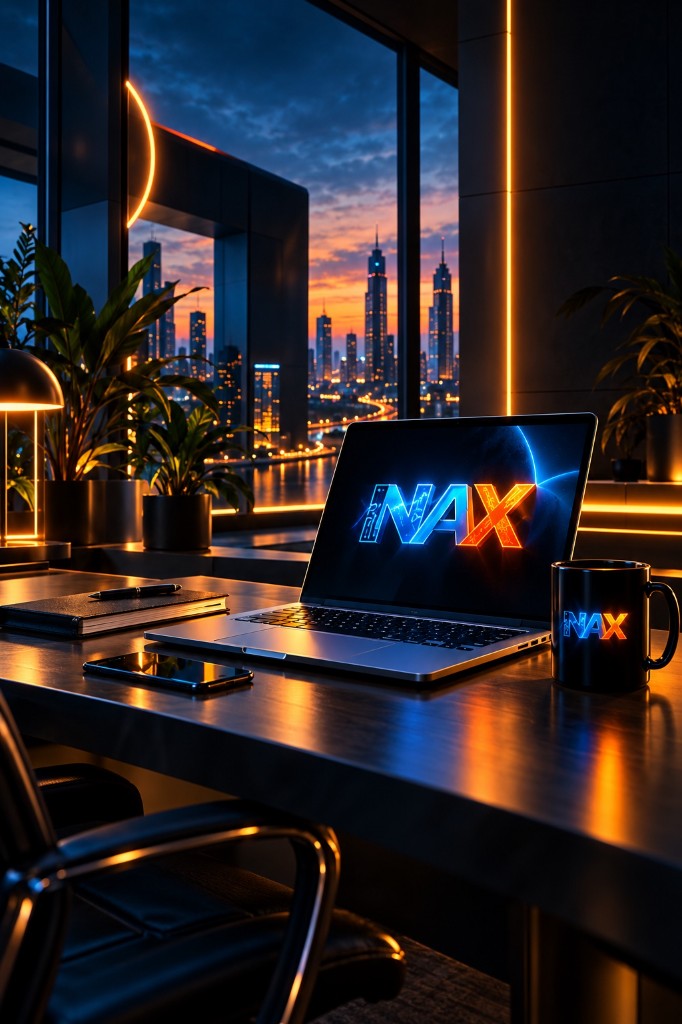 NEYAX logolu laptop ve şehir manzarası